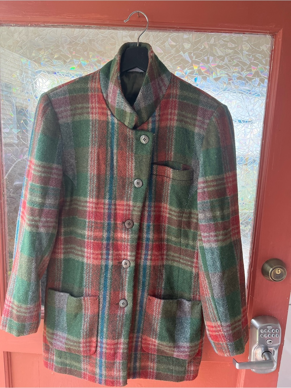 Newport News Green and Red Plaid wool asymetrical button Pea Coat